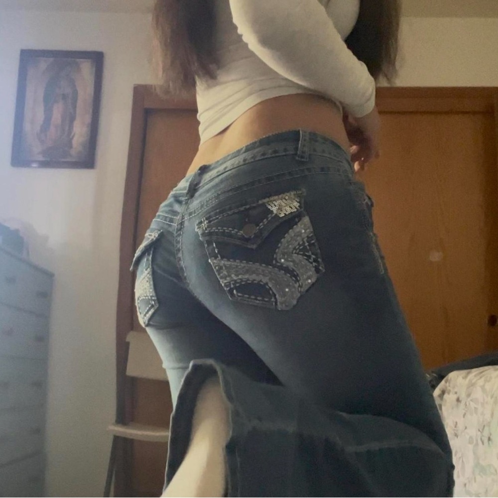 Blue Boot Cut Jeans with Decorative Stitching